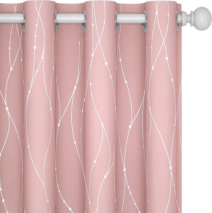 Deconovo Pink Blackout Curtains for Bedroom, Thermal Insulated Soundproof Pravicy Curtain, Silver Wave Dots Print, 52 x 108 Inch Long, Machine Washable Window Panels for Kids Room Nursery, Set of 2 by Deconovo