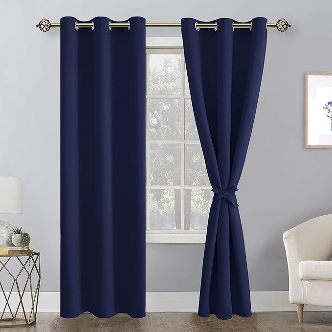 Hiasan Blackout Curtains for Bedroom, 42 x 84 Inches Long - Thermal Insulated & Light Blocking Window Curtains for Living Room, 2 Drape Panels Sewn with Tiebacks, Navy Blue - Image 2
