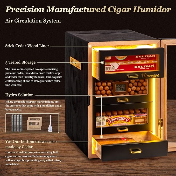 Cigar Humidor, Desktop Humidor Cabinet Triple-Sided Light with Digital Hygrometer, Humidifier and Humidity Packs. 4 Ceder Wood Drawers, Cigar Humidor Box can Hold 200 Cigars,Present for Men - Image 4