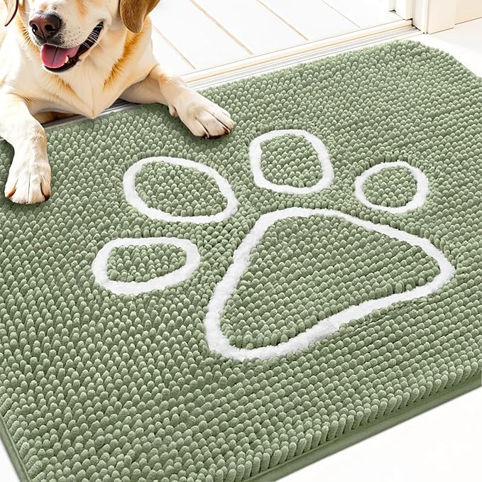 OLANLY Dog Door Mat for Muddy Paws 30x20, Paw Print Design, Absorbs Moisture and Dirt, Non-Slip Washable Doormat, Quick Dry Chenille Mud Mat for Dogs, Entry Indoor Entryway Carpet, Sage Green by OLANLY