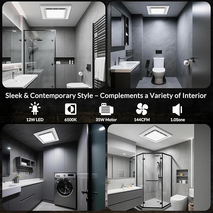 TEPU Bathroom Exhaust Fan with Light 144 CFM, 11.8In Grille, Cutout Size 9.8" x 9.8", Duct 4 Inch, 1.0 Sone Quiet Bath Ceiling Vent Fan Combo with 6500K 1200LM LED Light, for Bathroom, Laundry, Shower - Image 6
