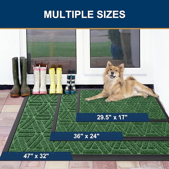 Smiry Front Door Mat Outside Entrance, Heavy Duty Sturdy Natural Rubber Doormat, Trap Dirt and Moisture, Easy Clean Low Profile Mats for Indoor Outdoor Entry, Grid Geometric (35x23, Green) - Image 2