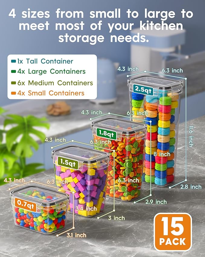 Airtight Food Storage Containers with Lids, 15 PCS Kitchen and Pantry Organization Canisters, BPA-Free, PVC-Free, Food-grade Plastic Leak-proof Jars for Cereal, Flour, Sugar, Extra 24 Labels & Marker - Image 2