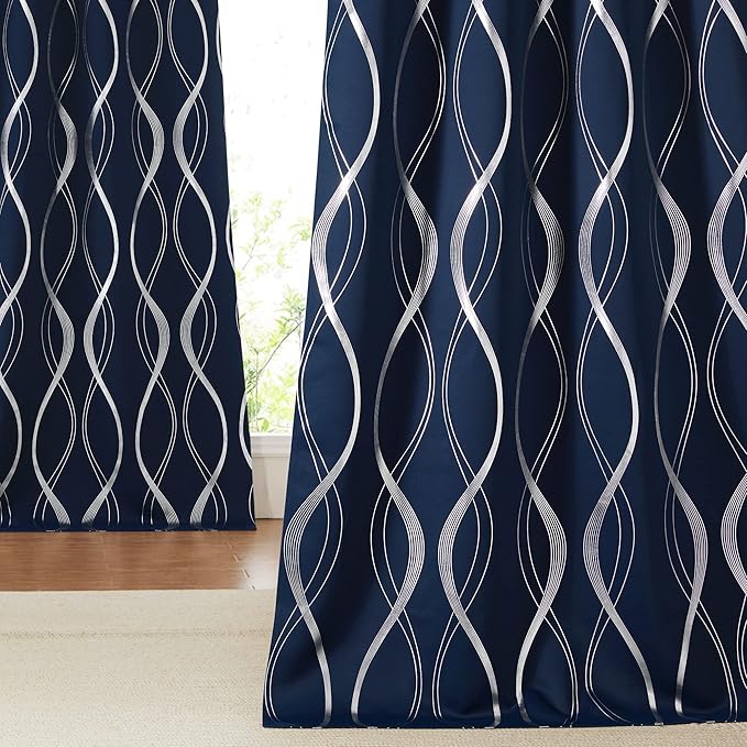 NICETOWN Navy Blue Blackout Curtain Panels 84 inches Long, Window Treatment Foil Printed Wave Lines Thermal Insulated Grommet Drapes for Living Room/Office/Guest Room(1 Pair, 52" Wide) by NICETOWN
