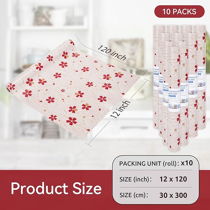 FIFTY FEET 12"x120" Non-Adhesive Shelf Liner for Kitchen Cabinets and Drawers, Washable Non-Slip PVC Cabinet Liner (Red Floral)(10 Roll) - Image 5