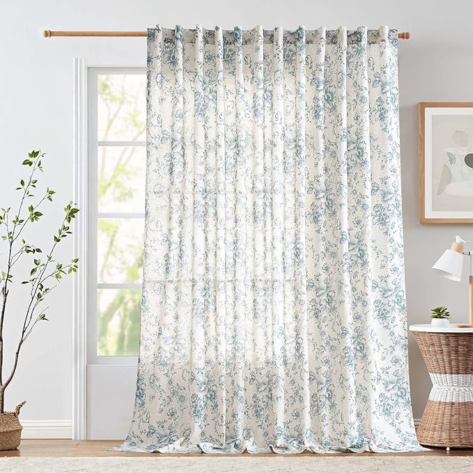 jinchan Linen Floral Curtains 100 Inch Extra Wide for Patio Sliding Glass Door Room Divider Curtain for Living Room 108 Inch Length Farmhouse Peony Blue Printed Curtain Set 1 Panel by JINCHAN