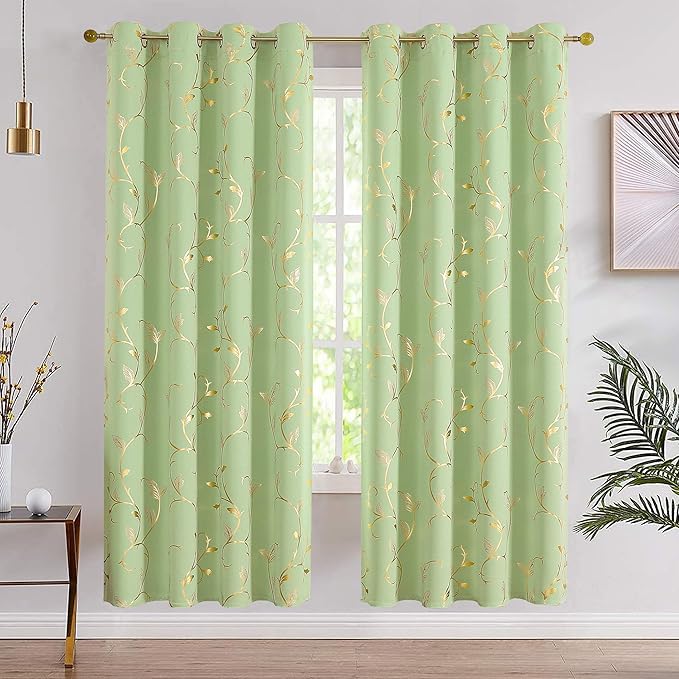 BUHUA Blackout Curtains Gold Foil Print Flower Vine Grommet Drapes, Room Darkening Thermal Insulated Curtains, Noise Reducing Curtain for Bedroom, Grass Green, 52Wx63L, 2 Panels - Image 2