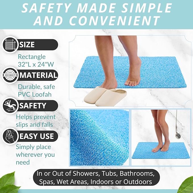 Enkosi Loofah Non-Slip Shower Mat - Shower Floors, Bathtub, Bathrooms, Wet Areas - Cushioned Bath Mat with Drain Holes - Quick Dry PVC, Secure Safety Pad Without Suction Cups (32x24 Aqua Blue) - Image 3