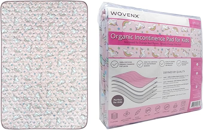 Organic Incontinence Pads for Kids & Toddlers - 5 Layer Waterproof Protectors for Overnight Bed Wetting - Reusable & Washable Pee Pads - Fits Twin to Full Size Beds - 34" x 52" Unicorn - Image 7