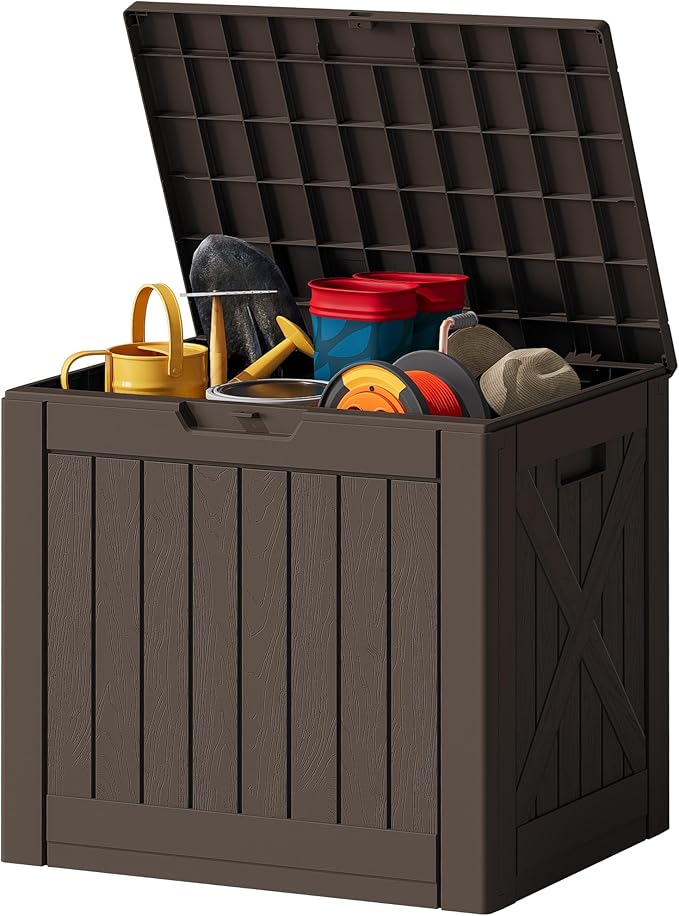 JUMMICO 42 Gallon Deck Box Waterproof, Resin Outdoor Storage Box with Side Handles, Outdoor Storage Benches Lockable for Patio Cushions and Garden Tools (Brown) by JUMMICO