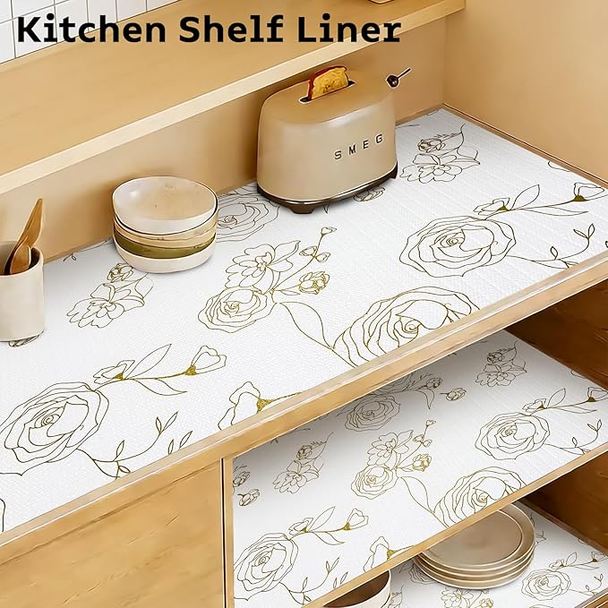 Shelf and Drawer Liner for Kitchen Cabinets Non-Adhesive, Strong Grip Non-Slip Thickened Drawer Liners for Dresser, Cupboard Liner with Knife and Tape Measure, Gold Floral, 12 in x 10 Feet - Image 3
