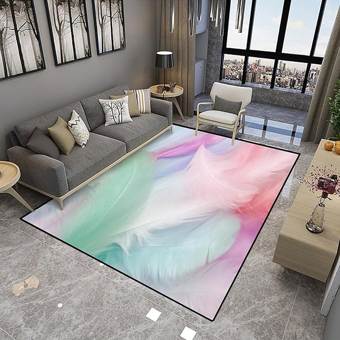 Multicolored Feathers Printing Patterns Area Rug - Lightweight, Fade, Flame, Quick Dry, Stain Resistant, Waterproof Floor Carpet for Living Room Bedroom, 78 x 120 Inch - Image 4