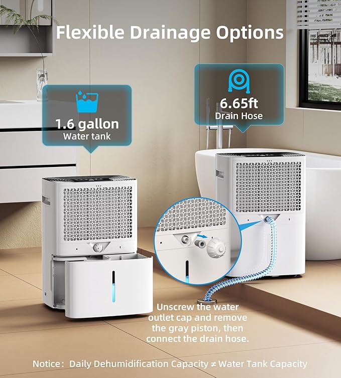 100 Pint Dehumidifier for Home and Basement, 6L Water Tank, 7000 Sq.Ft Coverage with Drain Hose, Smart Humidity Control, Auto Defrost, 24-Hour Timer, Child Lock - Image 3
