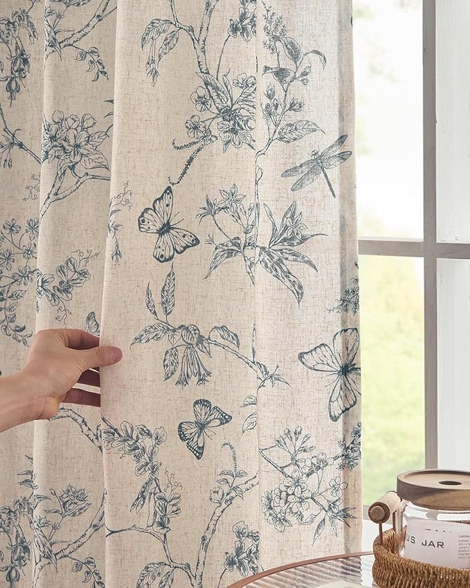 jinchan Floral Linen Curtains for Living Room 84 Inch Length Butterfly Curtain Blue Floral Curtains French Country Farmhouse Curtain Flower Patterned Drapes Window Treatment Set 2 Panels - Image 3