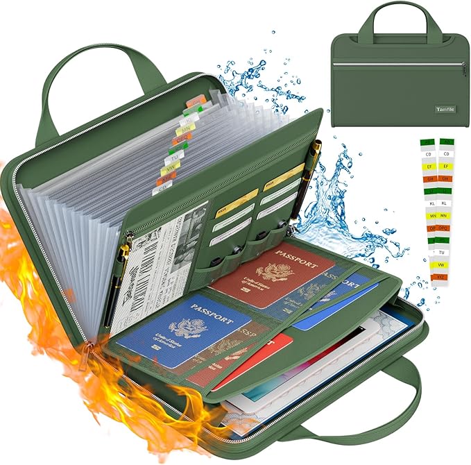 Tamfile Fireproof Accordion File Organizer with Handle, 13 Pocket Expanding File Folder with Zipper & Labels, File Folder with Multi-Pockets Paper Organizer Folder for Letter A4 Files, Green by Tamfile