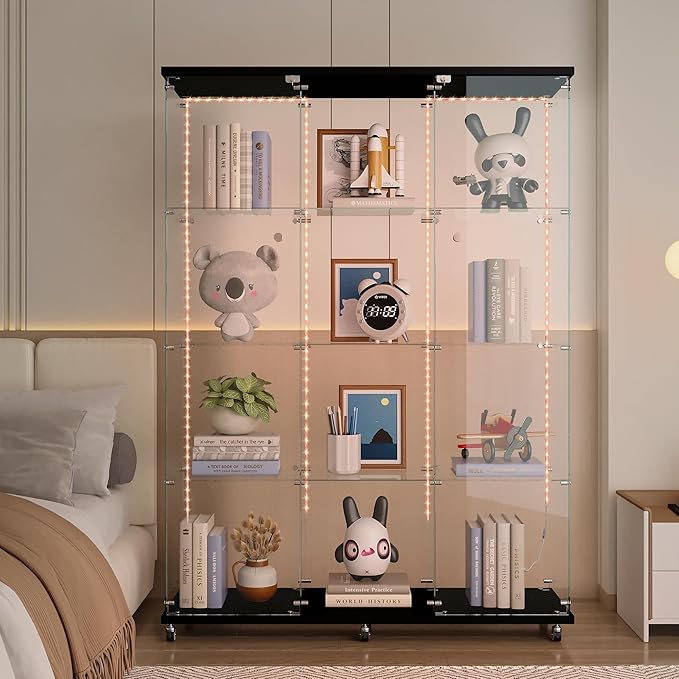 Yoluckea 4 Tiers Glass Display Cabinet Extra Large with Bluetooth LED Light Strip, 2 Doors Floor Standing Curio Cabinet with Universal Wheel for Home, Black Glass Bookshelf for Collections, Wood Top by Yoluckea