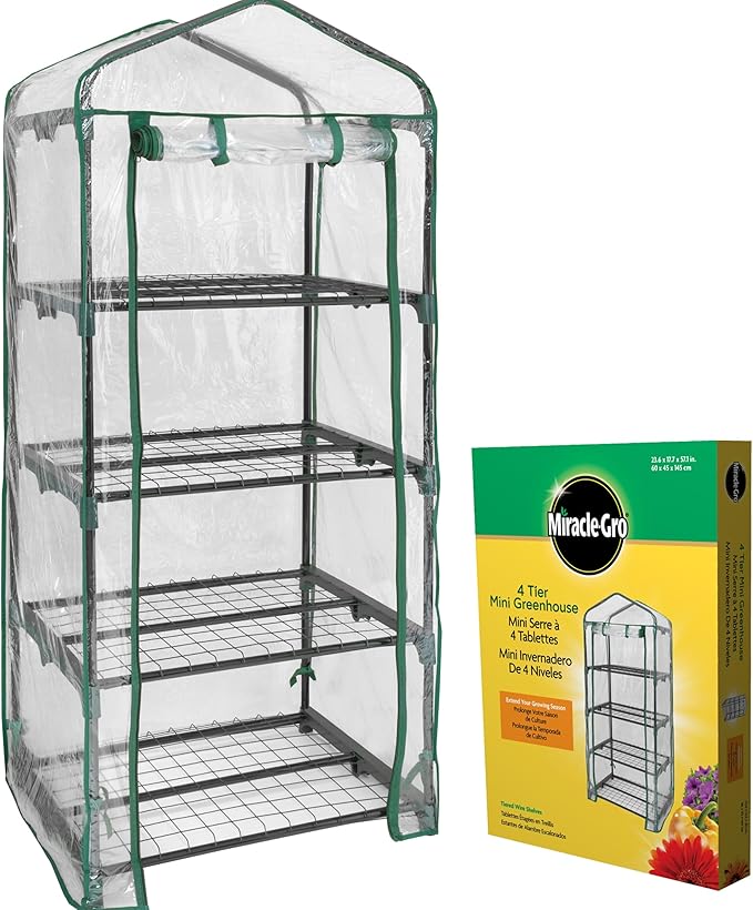 Miracle-Gro 23" x 17" x 57" 4-Tier Indoor/Outdoor Mini Greenhouse Plant Tent, All-Season Compact Plant Growth Accelerator with PVC Cover and Roll-Up Zipper Door, Clear by Miracle-Gro