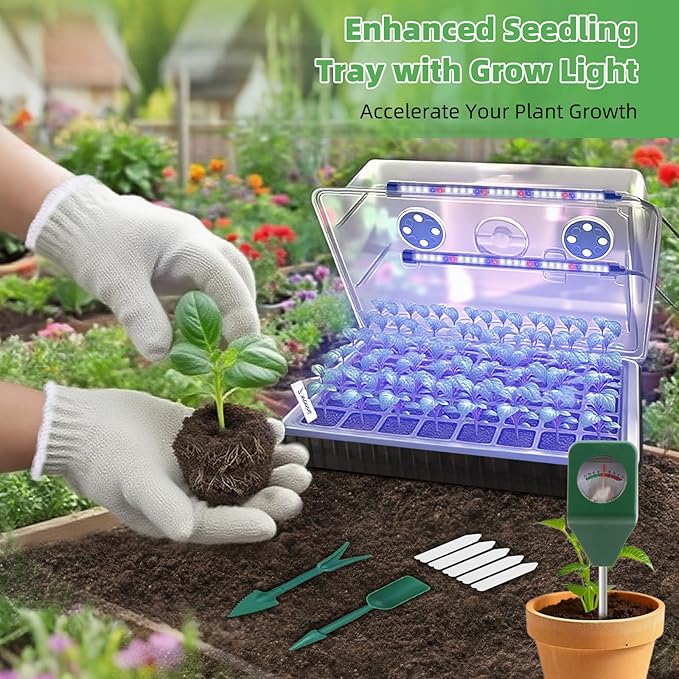 120-Cell Self-Watering Seed Starter Tray with Grow Light, 1–24H Timer, Humidity Dome, Soil pH Meter, Gloves, Seedling Tools – Indoor Seed Starting Kit for Plant Germination, Herbs, Vegetables, Flowers - Image 2