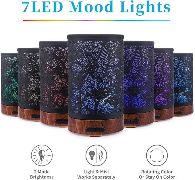 Essential Oil Diffuser - Multifunction Aromatherapy Diffuser 7 LED Color Changing Light 150ML Metal Diffuser Easy to Clean Suitable for Home,Office (Hummingbird) - Image 4