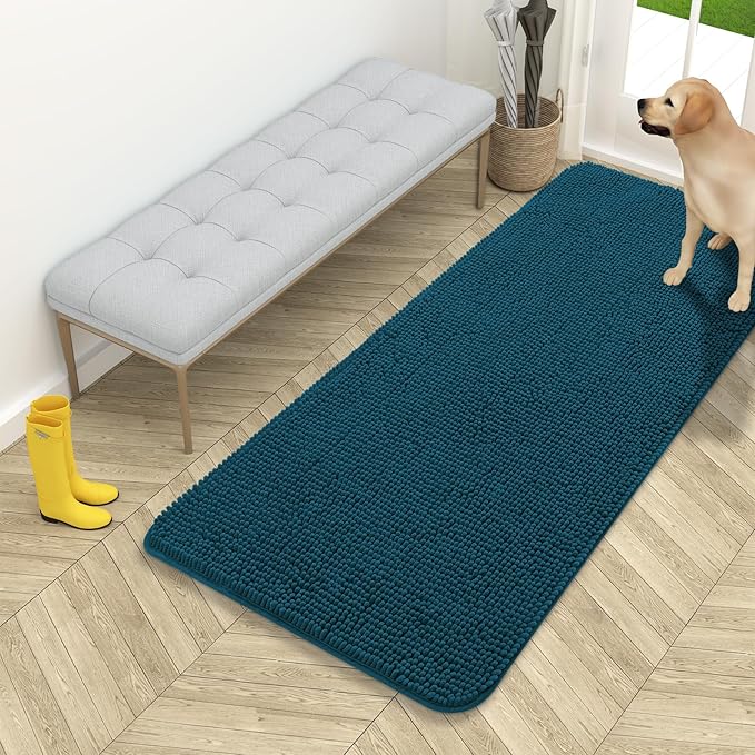 OLANLY Dog Door Mat for Muddy Paws 54x24, Absorbs Moisture and Dirt, Absorbent Non-Slip Washable Doormat, Quick Dry Chenille Mud Mat, Entry Indoor Entryway Carpet for Inside Floor, Atlantic Blue by OLANLY