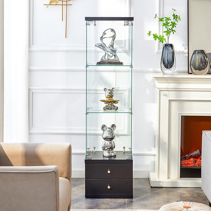 Yoluckea 3 Shelves Glass Display Cabinet with 2 Soft-Close Storage Drawers, Curio Collection Glass Display Case with Door & Lock, Floor Standing Bookshelf Corner Cabinet for Book Toys Glory (Black) - Image 7