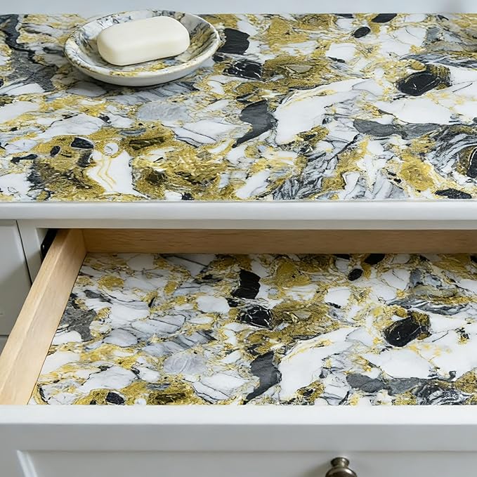 Drawer and Shelf Liner - Yellow Black Marble Pattern,Non Adhesive Non Slip Waterproof Easy-Clean Liner for Kitchen Cabinet, Refrigerator, Bathroom, Pantry Storage Drawers, 17 in x 20 Ft - Image 7