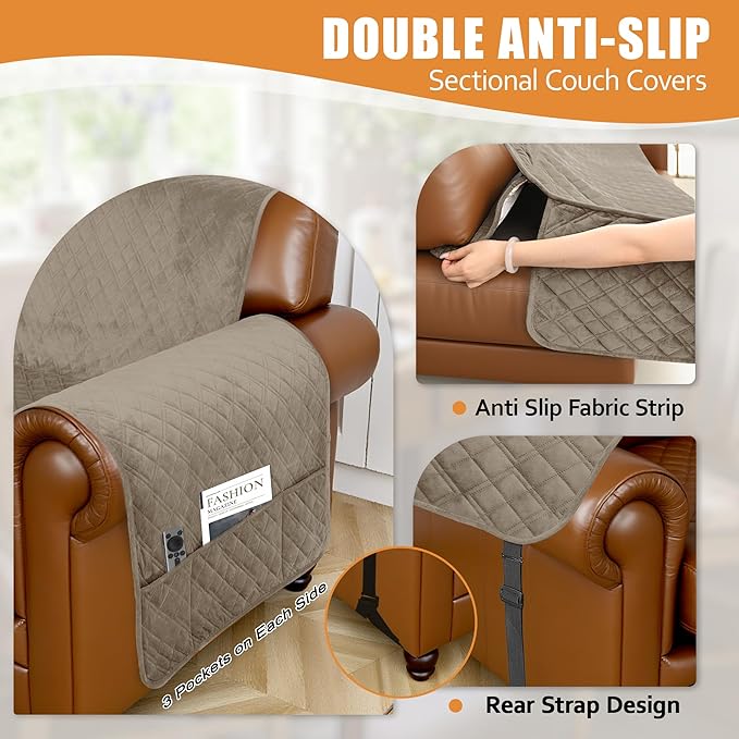 Arfntevss Waterproof Sectional Couch Covers L Shape Washable Velvet Sofa Cover for Sectional Non Slip Large Corner Slipcovers Dog 6 Pcs Universal U Shaped Furniture Protector (Camel, Large) - Image 4