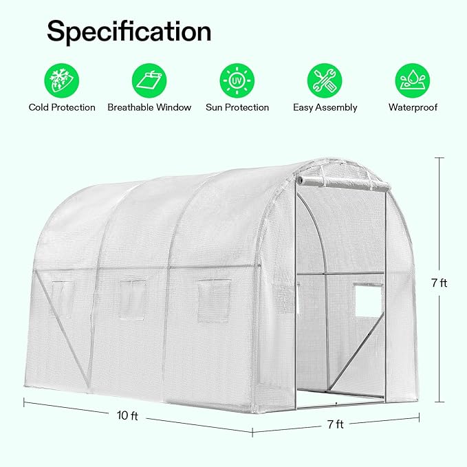 VIVOSUN 10x7x7 Ft. Large Walk in Greenhouse, Greenhouse Tunnel, Garden Plant Hot House with White PE Cover, Roll-up Zipper Door and Window for Outdoor, White - Image 2