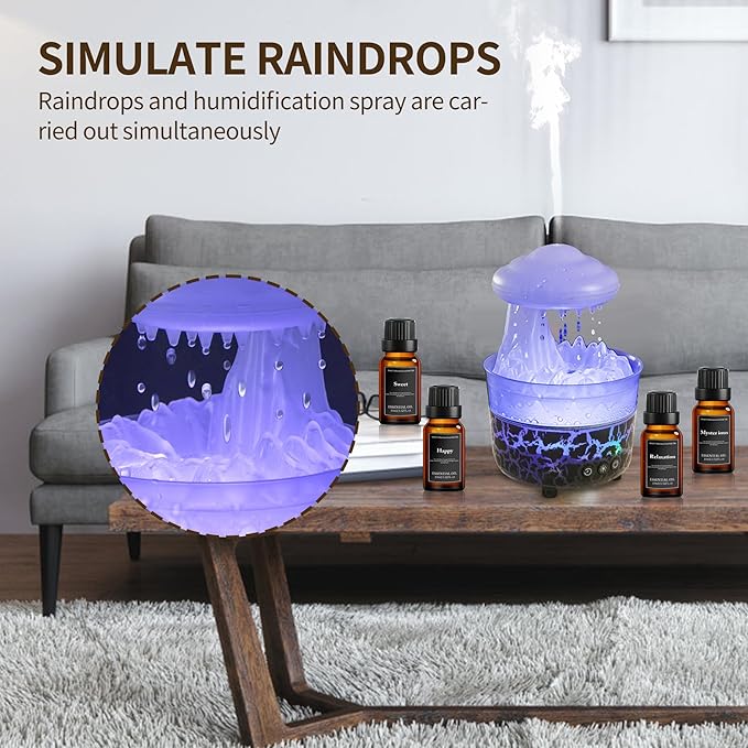 BOHOFAM Aroma Essential Oil Diffuser,Rain Cloud humidifier Simultaneously Water Drip and Air Mist,Rain Diffuser with 4 Hotel Collection Essential Oils for Home,Bedroom,Colorful Light(Black) - Image 2