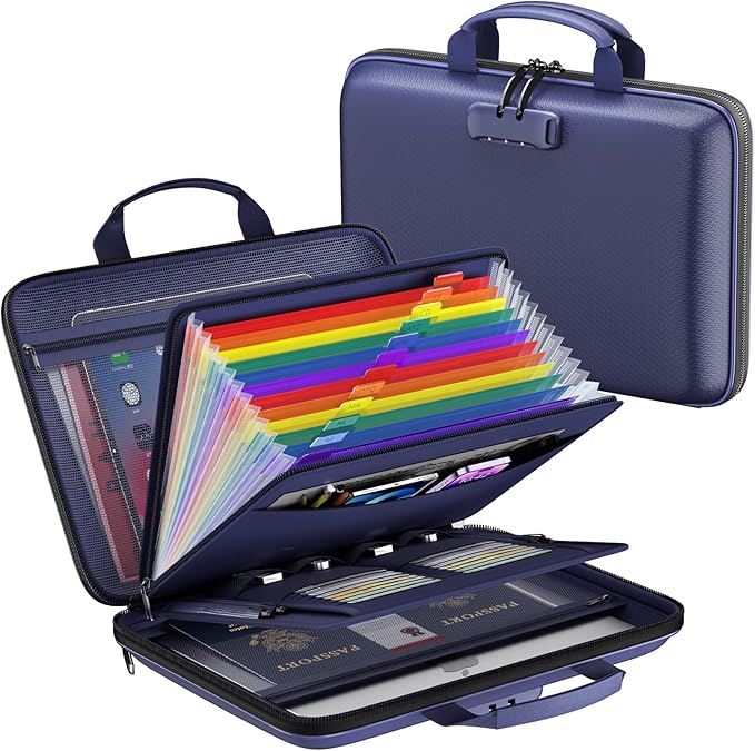 Fireproof File Organizer,Fireproof Document Box with Lock,Large 13 Pocket Expanding File Folder,Hard-Shell Portable Safe Storage for Letter/Legal Document,Laptop,Valuables-Bule by ZOOPIP