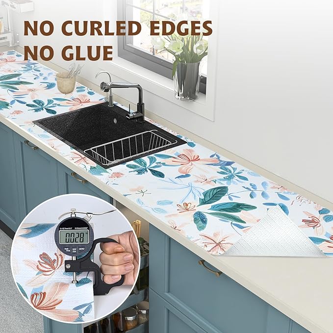 Shelf Liners for Kitchen Cabinets 17in x 20FT, Non Adhesive Drawer Liner Colored Flowers Thickened Shelf Liner Non-Slip Easy to Clean for Tool Box Refrigerator with Knife and Tape Measure - Image 8