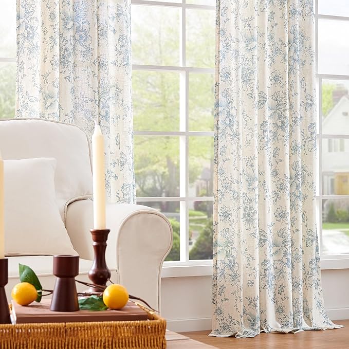 jinchan Linen Blend Curtain Floral Curtains for Living Room 90 Inch Length Blue Printed Curtain Rod Pocket Back Tab Farmhouse Peony Flower Patterned Drapes Bedroom Window Curtains Set 2 Panels - Image 7