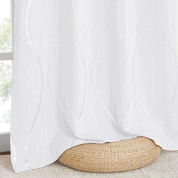 NICETOWN White Curtains Panels for Bedroom 2 Panles Set, 52 inch x 84 inch, Wave Line Foil Print Design Curtains for Patio Sliding Door - Image 5