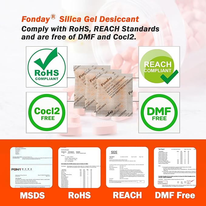 50g x 40 Packs Fonday Rechargeable Silica Gel Desiccant Packets Food Grade Fast Reactivate Desiccant Bags Moisture Indicating Orange to Green for Food Storage, Electronics, 3D Filament & Safes - Image 4