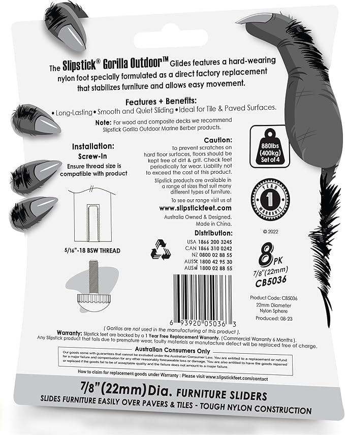 Slipstick Gorilla Outdoor Adjustable Furniture Levelers (8 Pack) Weatherproof Screw in Leg Glides for Chairs, Tables, and Outdoor Furniture Feet, 7/8 Inch Nylon Spherical Glide, 5/16"-18 BSW Thread - Image 7