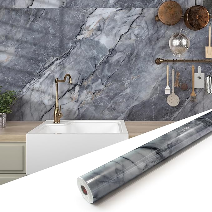 Marble Peel and Stick Waterproof Wall Paneling, 118" x 47" Pietra Grey Glossy Finish Self-Adhesive Backsplash Tile Vinyl Wall Panel for Kitchen Bathroom Wall Decor, Covers 38.75 Sq. Ft. by premiumqualitypeelandsticktile