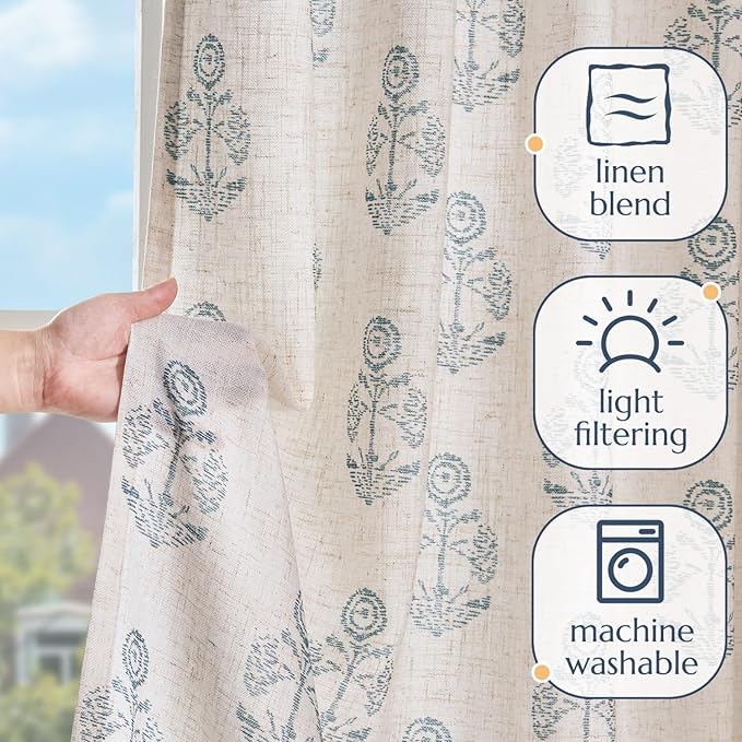 jinchan Linen Floral Curtains for Living Room 63 Inch Length Blue Flower Cottage Core Farmhouse Curtains Rod Pocket Back Tab Boho Semi Sheer Window Drapes Bedroom Set 2 Panels Blue on Beige - Image 4