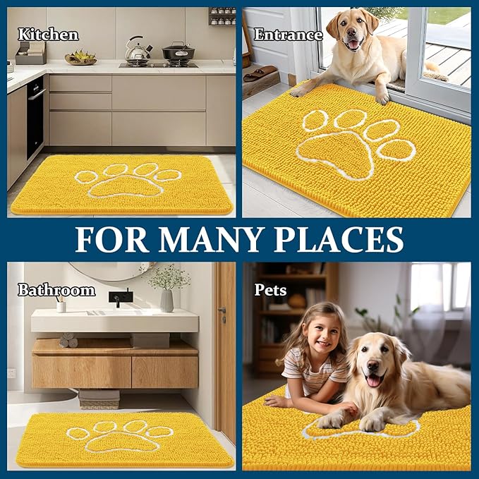 OLANLY Dog Door Mat for Muddy Paws 48x30, Paw Print Design, Absorbs Moisture and Dirt, Absorbent Non-Slip Washable Doormat, Quick Dry Chenille Mud Mat for Dogs, Entry Indoor Entryway Carpet, Yellow - Image 8