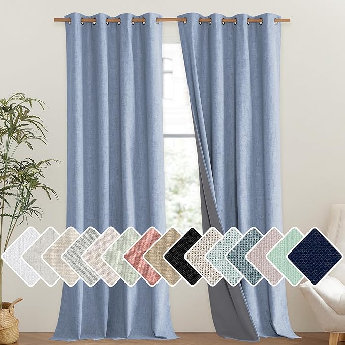 NICETOWN Stone Blue Vintage Linen 100% Blackout Curtains for Living Room, Thermal Insulated Curtains 108" Long, Noise Reducing Window Treatment Drapes for Hall Room, 52" Wide Per Panel, Set of 2 by NICETOWN