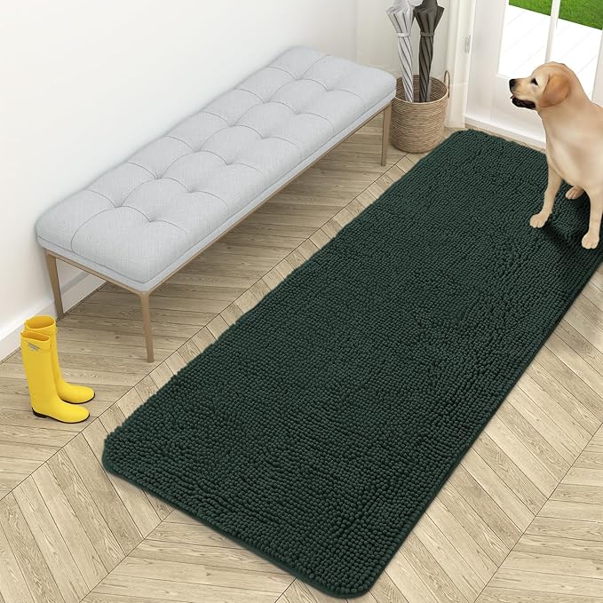 OLANLY Dog Door Mat for Muddy Paws 59x24, Absorbs Moisture and Dirt, Absorbent Non-Slip Washable Doormat, Quick Dry Chenille Mud Mat, Entry Indoor Entryway Carpet for Inside Floor, Blackish Green by OLANLY