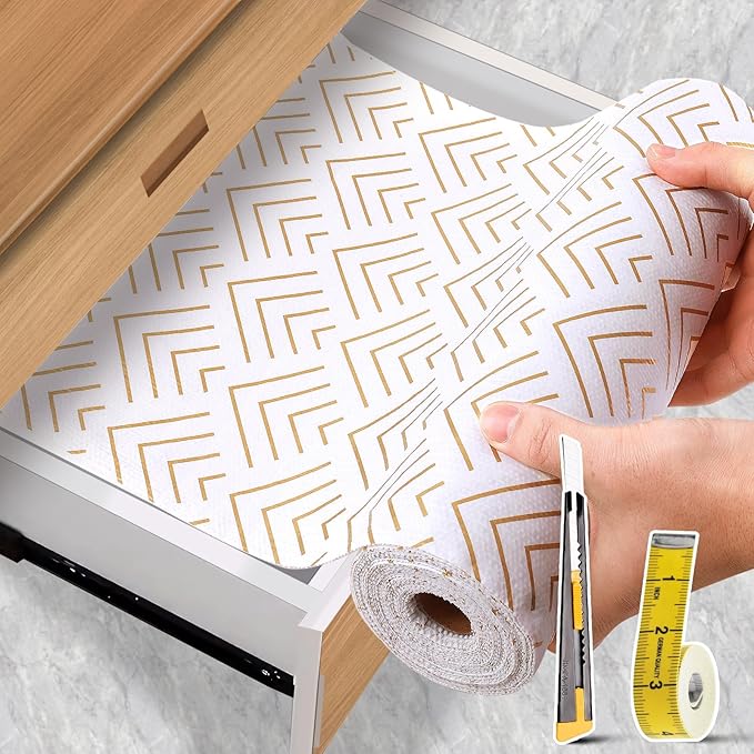 Shelf Liner for Kitchen Cabinets Non Adhesive Drawer Liner Non-Slip Thickened Shelf Liner Paper Strong Easy to Clean for Tool Box Refrigerator with Knife and Tape Measure, Gold Arrow, 11.8 x 354.3 in - Image 9