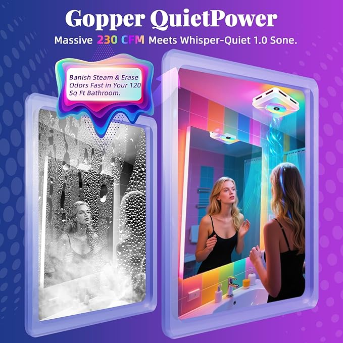 Bathroom Exhaust Fan with Speaker & Light Plug & Play, Dual Speakers, 230 CFM 1.0 Sone, 7 RGB Modes, 3000-6500K, Remote Bathroom, Laundry Room, Bedroom,Office - Image 6