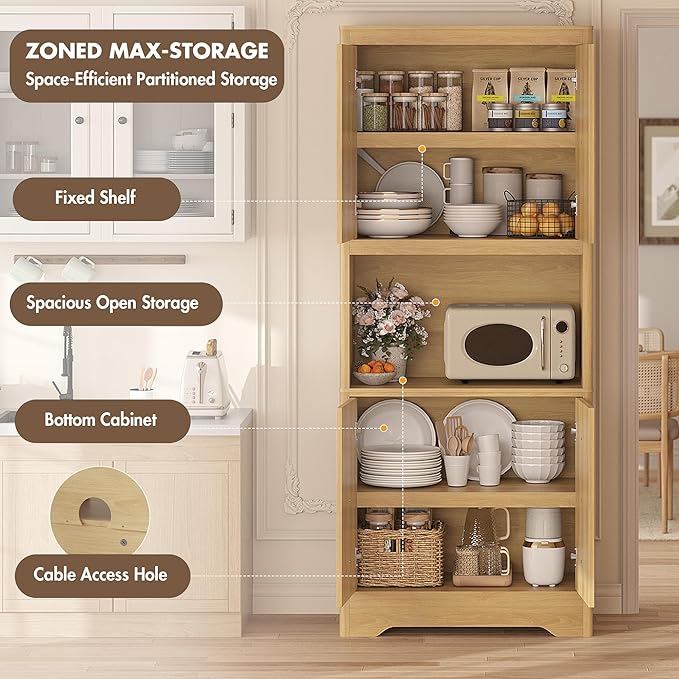 Garvee 72" Tall Pantry Cabinet, Kitchen Hutch Storage Cabinet with Countertop for Microwave, Freestanding Wooden Cupboard with Carved Door & Crystal Handle, for Dining Room, Living Room, Light Oak - Image 4