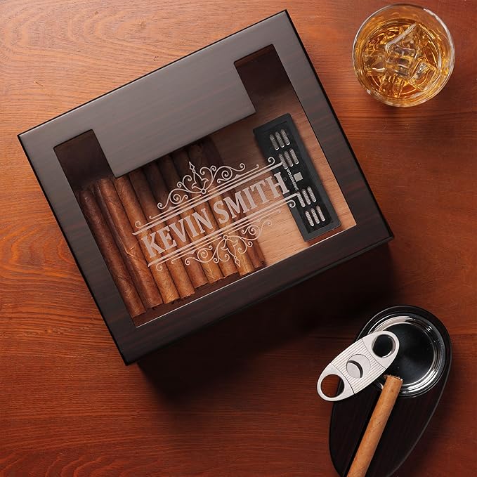 Woodronic Monogrammed Cigar Humidor for 50 Cigars, Custom Cigar Box with Digital Hygrometer, Humidifier, Spanish Cedar Lining and Divider, Cigar Cutter, Ashtray, Accessory Gift for Fathers - Image 2