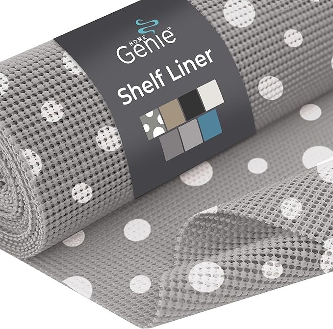 HOME GENIE Shelf Drawer and Cabinet Liner, Durable with Strong Grip, 17.5 in x 20 FT, Non Adhesive Liners Protect Kitchen Cabinets and Cupboard, Bathroom Drawers and Shelves, Desks, Dots Gray White by HomeGenie
