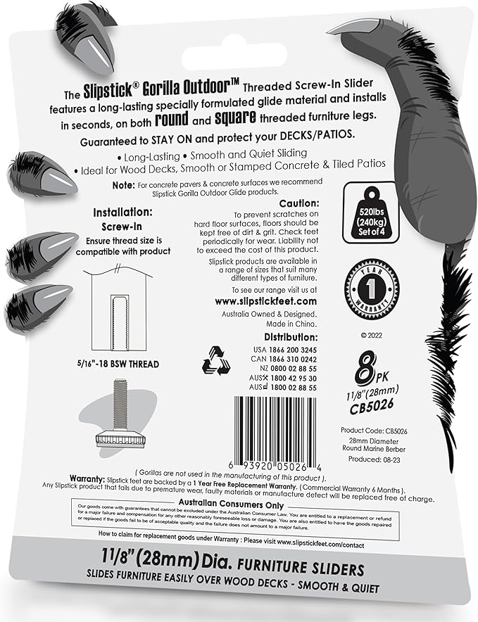 Slipstick Gorilla Outdoor Adjustable Furniture Levelers (8 Pack) Weatherproof Screw in Leg Glides for Chairs, Tables, and Outdoor Furniture Feet, 1-1/8 Inch Slider Glide, 5/16"-18 BSW Thread - Image 7