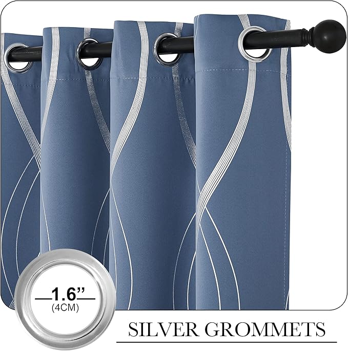 NICETOWN Blackout Short Curtains Panels for Bedroom, Microfiber Noise Reducing Thermal Insulated Wave Line Foil Print Design Drapes for Office, Classroom (Stone Blue, 2 Panels, 52 x 54 Inch) - Image 3