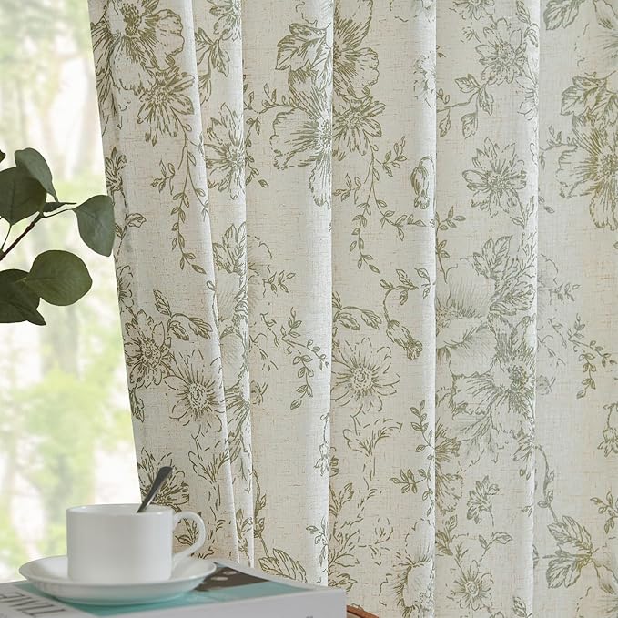 jinchan Linen Blend Floral Curtains for Living Room 90 Inches Extra Long Farmhouse Printed Curtain Back Tab Green Peony Flower Patterned Drapes Bedroom Window Curtains Set 2 Panels - Image 7