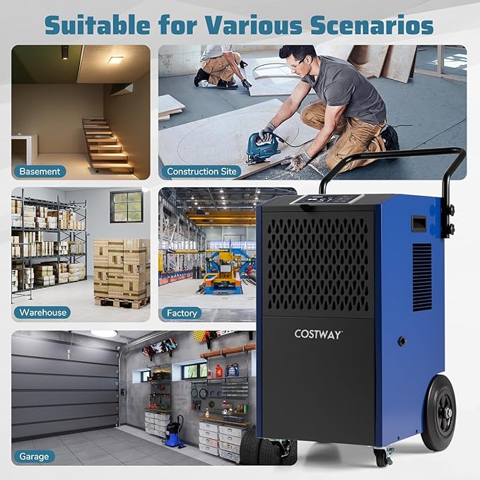 COSTWAY 154 Pints Commercial Dehumidifier with Pump, Portable Industrial Heavy Duty Large Dehumidifier with Drain Hoses for Basements, Job Sites (Navy) - Image 6