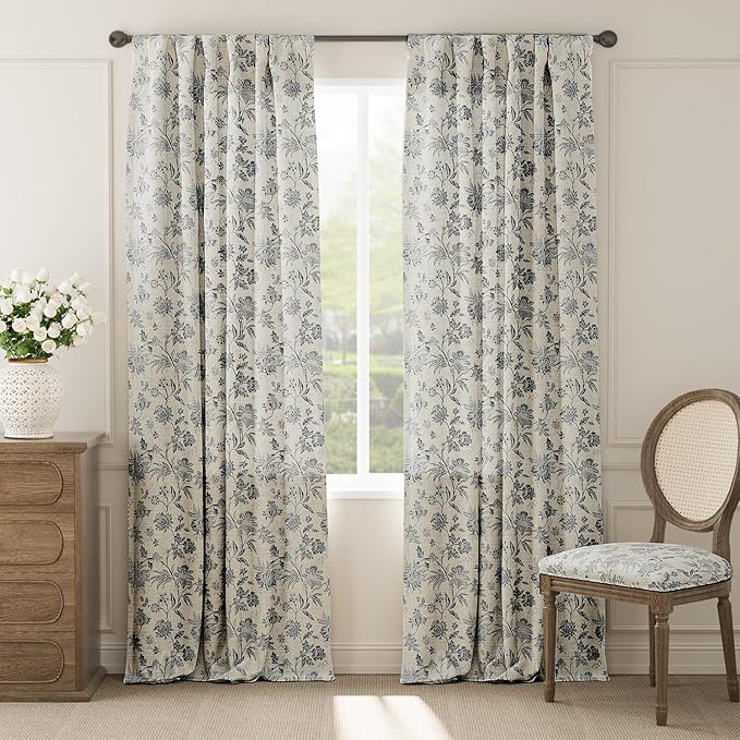 jinchan Linen Floral Curtains for Living Room with Printed Flower 96 Inches Long Light Filtering French Country Back Tab Rod Pocket Black Window Curtain Set Farmhouse Drapes 2 Panels Black - Image 2